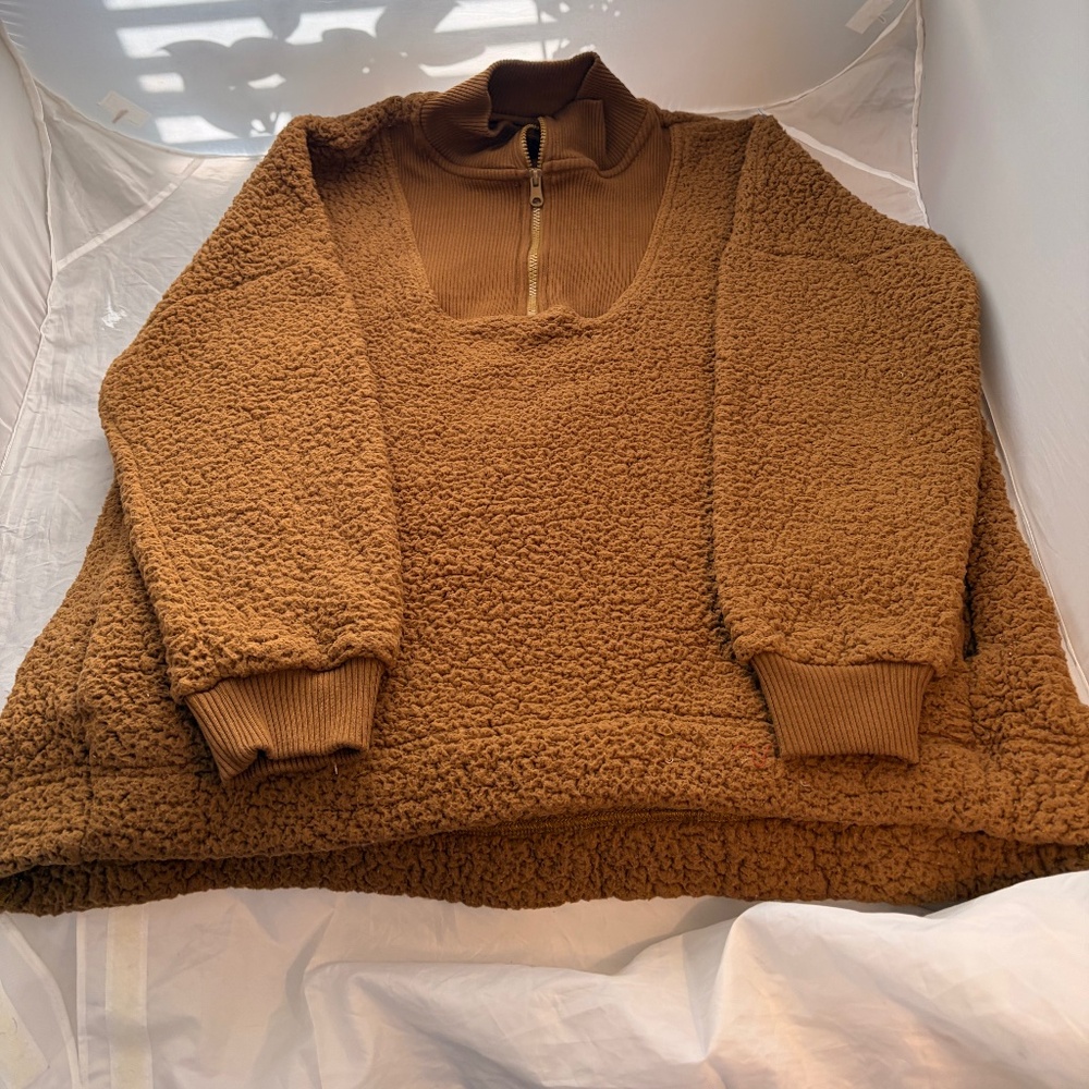 Aerie Dream Sherpa Quarter Zip Pullover Brown Sweatshirt Sz M